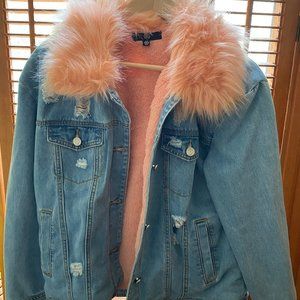 Missguided- Blue Pink Faux Fur Collar Denim Jacket